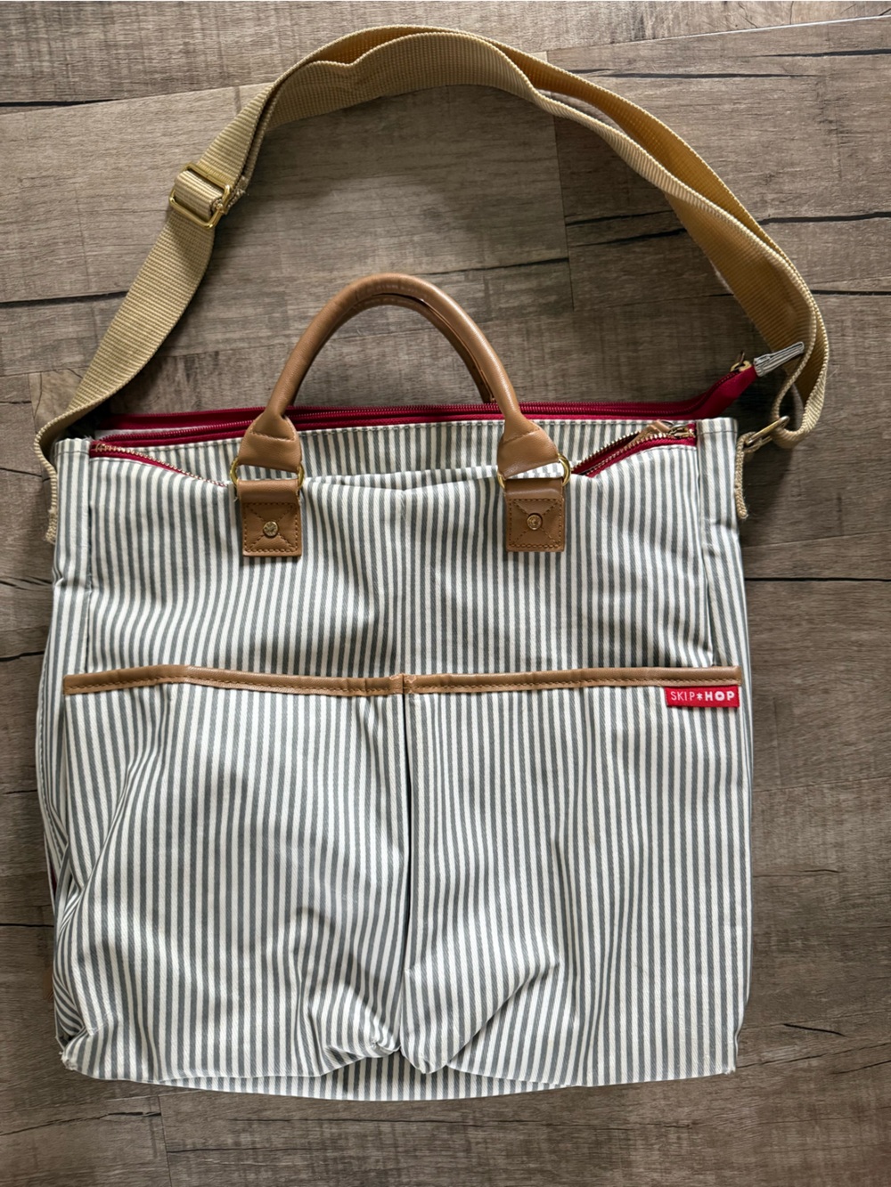 Striped Gray & White Weekender/Diaper Bag with Tan Accents